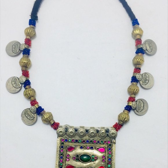 Red and Blue Beaded Pendant NecklaceBohemian Necklace - Picture 6 of 9